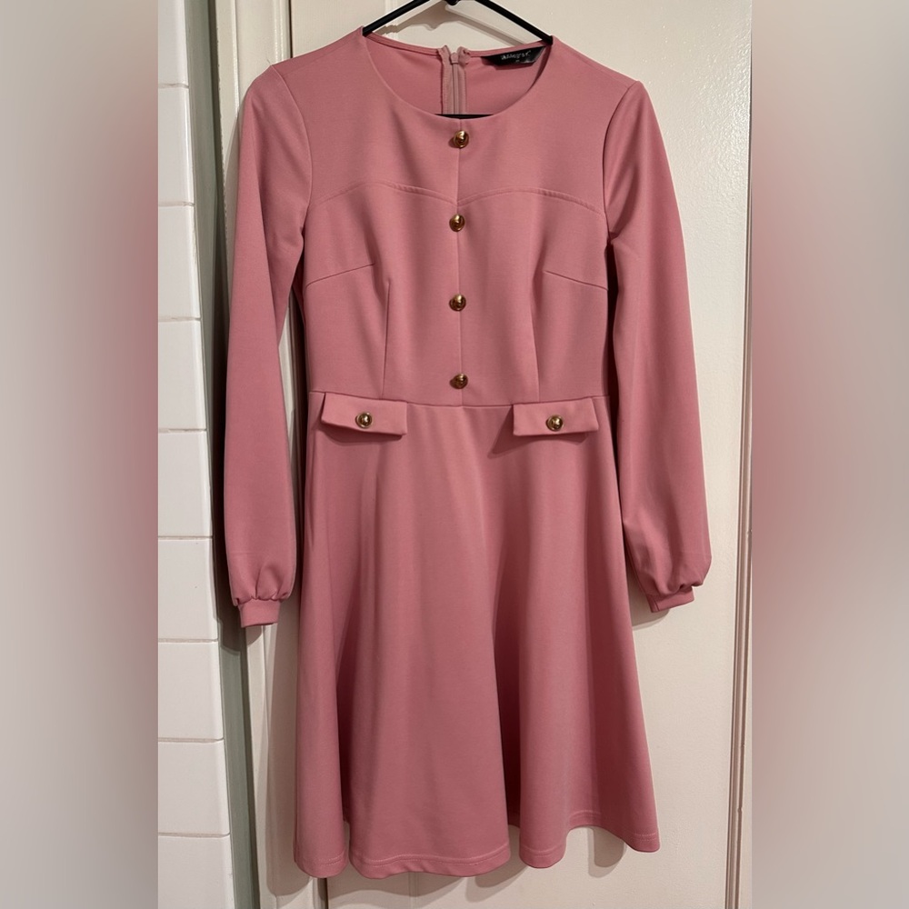 Allegra K Pink Long Sleeve Dress with Gold Buttons